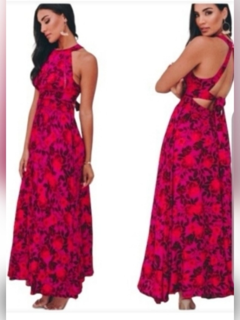 NWT Abel The Label Halter Maxi Dress in Hot Pink Floral XS 🌞